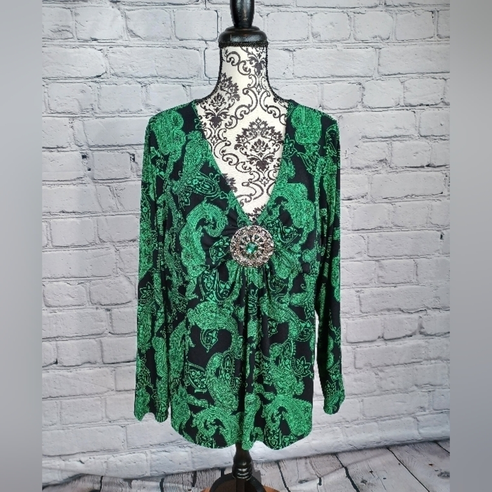 Venezia women's long sleeve medallion front stretch knit paisley print sz 20 b8